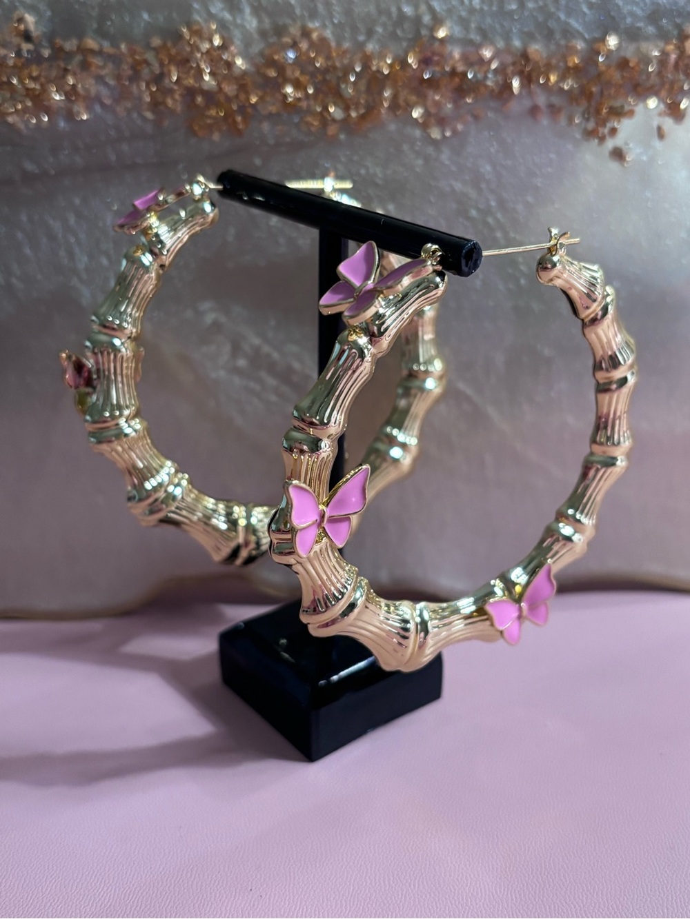 Gold Bamboo Hoop Earrings with Pink Butterfly Accents size Large